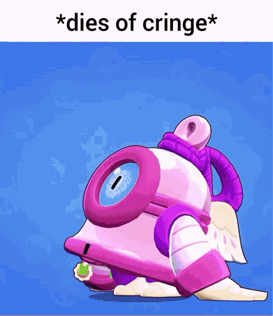 a pink and purple cartoon character with the words * dies of cringe * above it