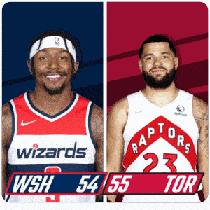 two basketball players from the wizards and raptors are standing next to each other