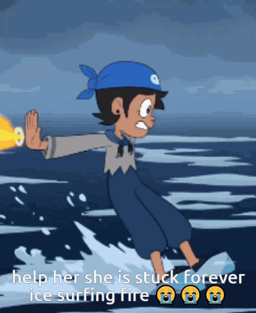 a cartoon of a girl riding a wave with the words help her she is stuck forever ice surfing fire on the bottom