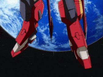 a red robot is flying over a blue planet in space