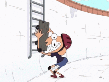 a cartoon character wearing a helmet is carrying a wooden board up a ladder
