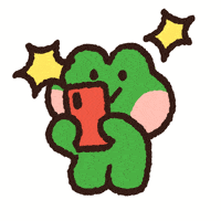 a cartoon frog is holding a cell phone with two stars behind it