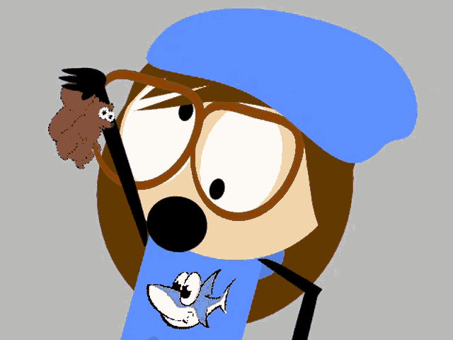 a cartoon character wearing a blue hat and a blue scarf with a shark on it