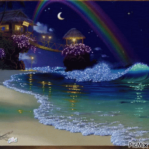 a painting of a beach at night with a rainbow and a crescent moon by picmix