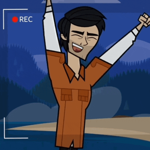 a cartoon character with his arms in the air and a rec button