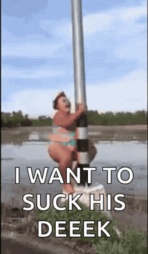 a woman in a bikini is climbing a pole and says i want to suck his deeek .
