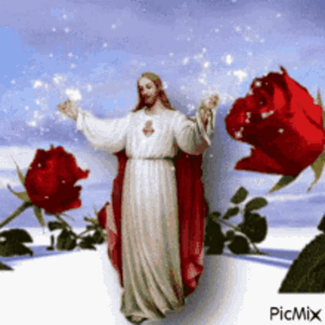 a picture of jesus surrounded by red roses .