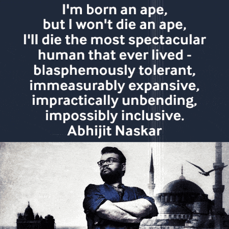 a man with his arms crossed stands in front of a mosque and a quote by abhijit naskar