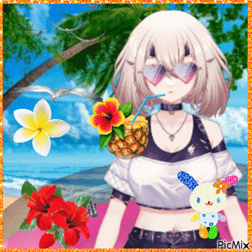 a picture of a girl drinking from a pineapple with flowers and a picmix logo in the corner
