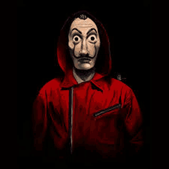 a man wearing a mask and a red jacket with a hood is standing in the dark .