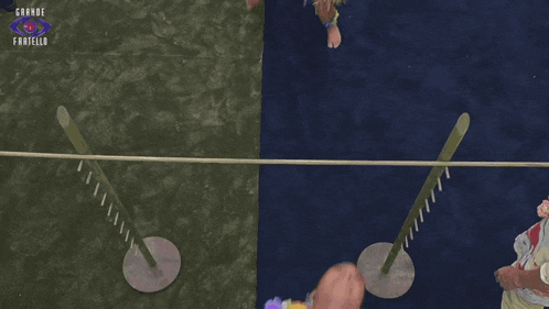 a woman in a hula skirt is laying on the ground in front of a grande fratello sign