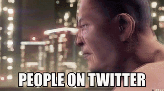 a man without a shirt is standing in front of a city skyline and says people on twitter