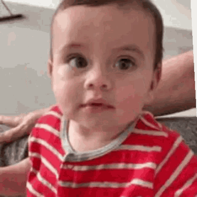 a baby wearing a red and white striped shirt is looking at the camera .