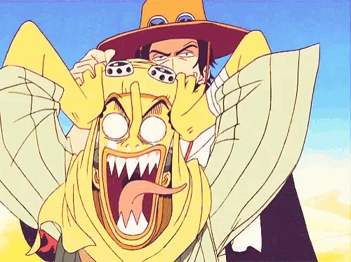 a cartoon of a man wearing a hat and a yellow mask with a tongue out