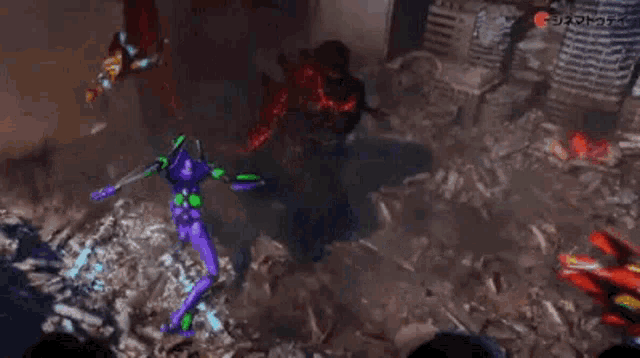 a purple and green robot is fighting a red robot in a video game .