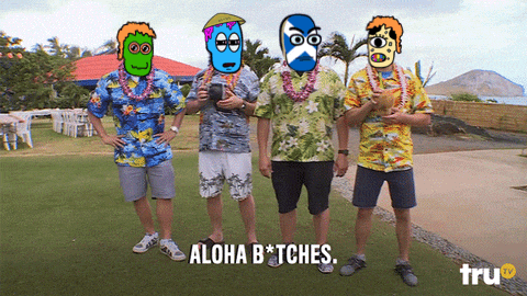 four men wearing hawaiian shirts are standing next to each other with aloha b * tches written in the corner