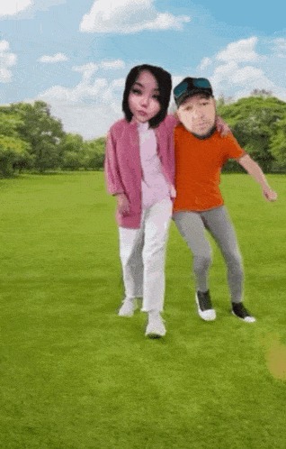a man and a woman are standing next to each other in a field .