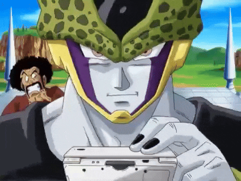 a cell from dragon ball z is holding a game console