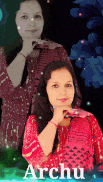 a woman in a red dress with the name archu on the bottom
