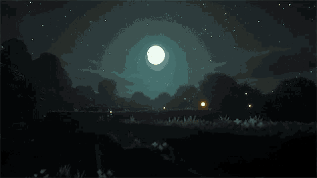 a full moon shines brightly over a dark forest