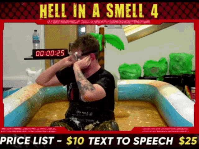 a man is sitting in a pool with a price list of $10 text to speech