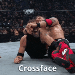 two wrestlers in a wrestling ring with the words crossface on the ground