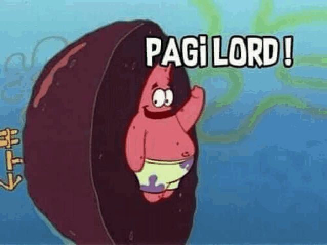 patrick star from spongebob squarepants is standing in a circle in the water and saying `` pagi lord '' .