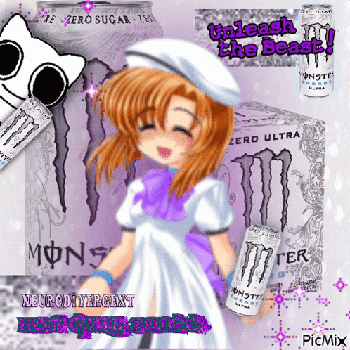 a girl in a purple dress is holding a monster energy drink