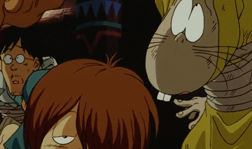 a group of cartoon characters including a rat and a man with glasses