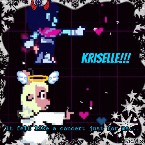 a pixel art drawing of kriselle and a devil with the words it felt like a concert just for me
