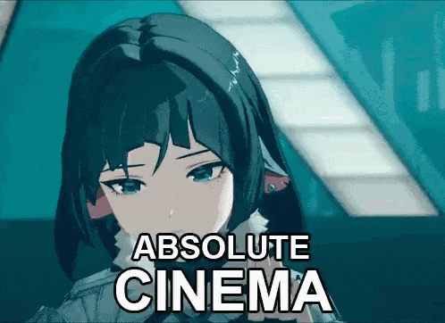 a girl with long black hair is looking at the camera and says absolute cinema .
