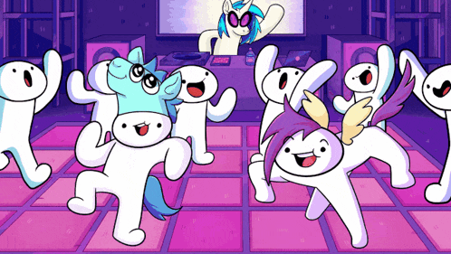 a group of cartoon characters are dancing in a room with a dj behind them that says ' dj ' on it