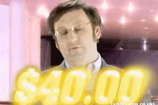 a man is standing in front of a $40.00 sign
