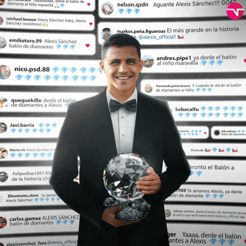 a man in a suit and bow tie holds a trophy in front of a collage of comments