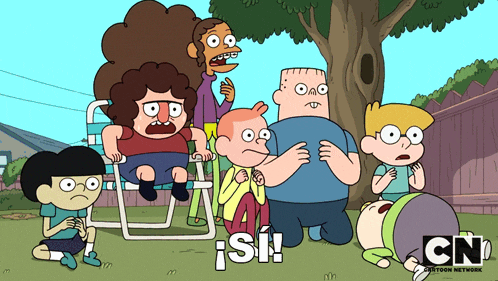 a group of cartoon characters are standing around a tree with the cn logo on the bottom right
