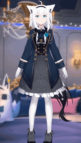 a girl with white hair and blue eyes is standing in a room with a chandelier