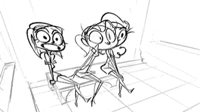 a black and white drawing of three cartoon characters sitting on a couch .