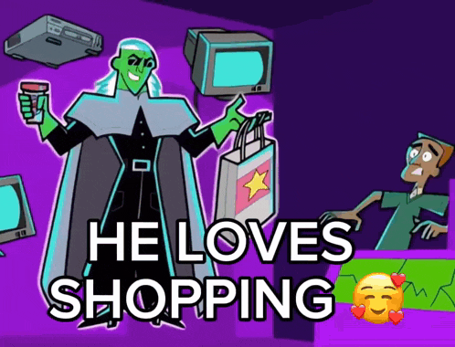 a cartoon of a man holding a bag with the words he loves shopping