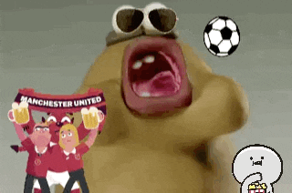 a cartoon character holding a manchester united scarf