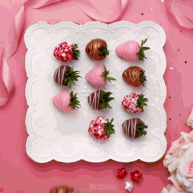 a white plate topped with chocolate covered strawberries with the words mr.cakes below them