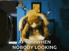 a stuffed animal is sitting in front of a blue wall and says " afton when nobody looking " .