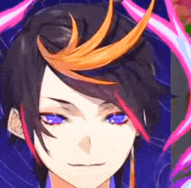 a close up of a person 's face with purple and orange hair and blue eyes .