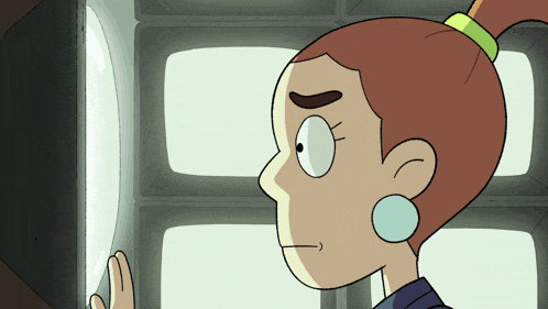 a cartoon character with a ponytail looks at a screen