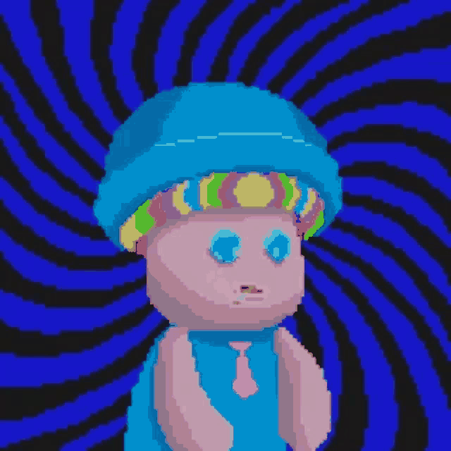 a pixel art of a person wearing a blue hat and tie .