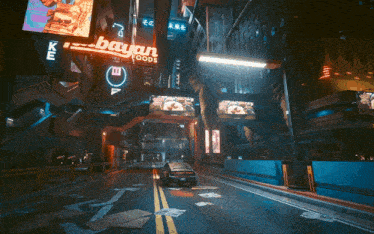 a car is driving down a street with a sign that says ' bayar foods '
