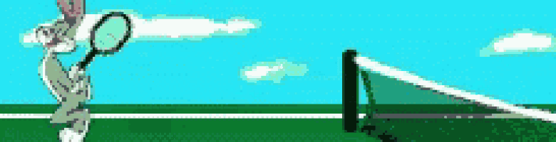 a cartoon of bugs bunny playing tennis on a court