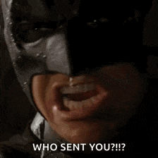 a close up of a man wearing a batman mask with the words who sent you written below him .