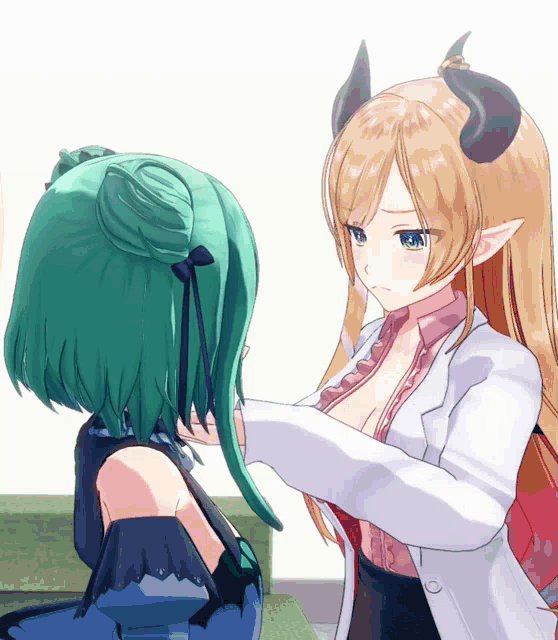 a woman with horns and a white coat is talking to a green haired girl