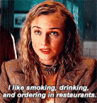 a woman is talking about smoking and drinking in restaurants .