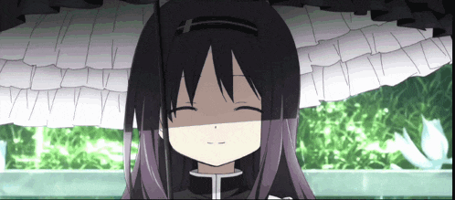 a girl with purple hair and a cross on her head is smiling under an umbrella